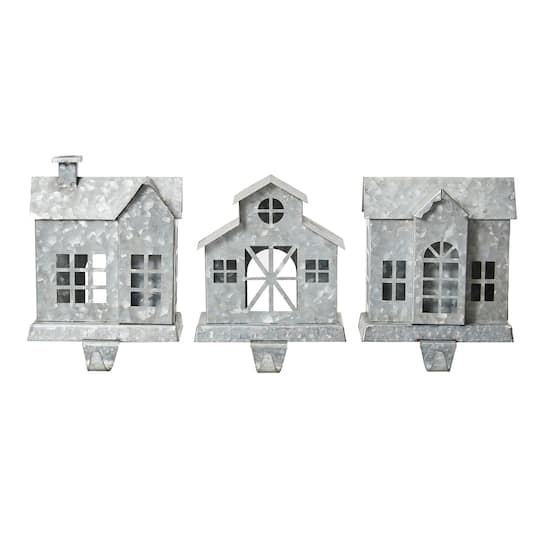 Glitzhome 7" Galvanized House Christmas Stocking Holder - Set of 3, One Size, Silver